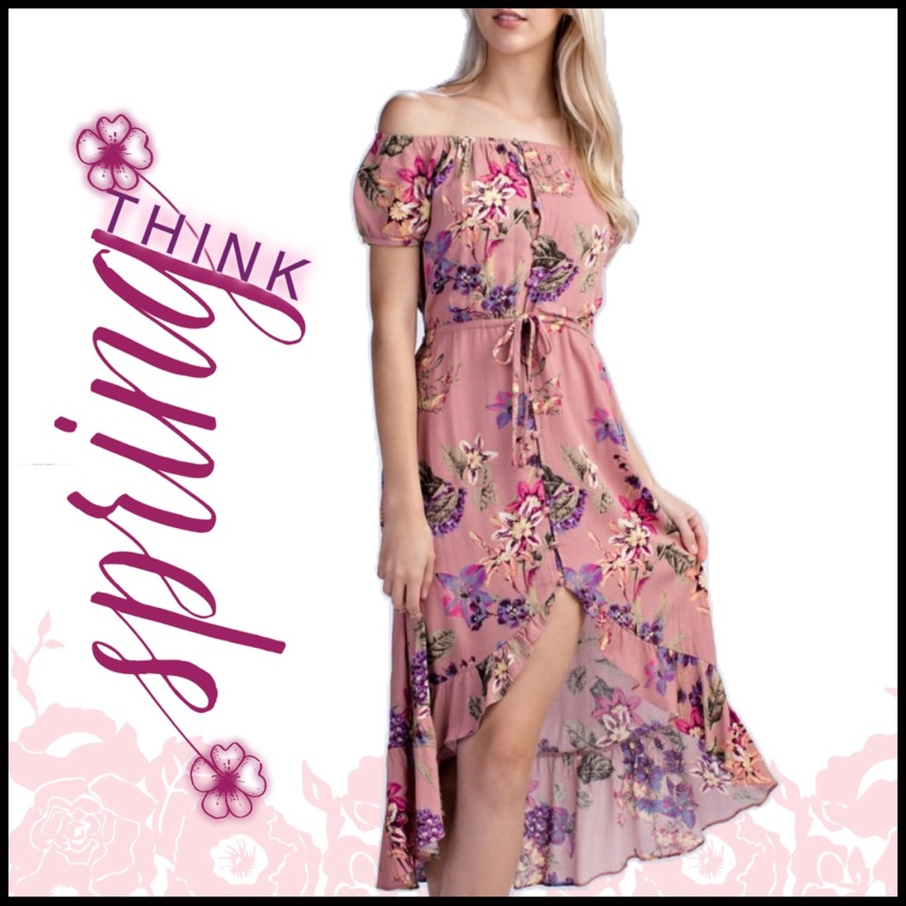 Off-Shoulder Floral Hi-Lo Dress - Picture 2 of 8